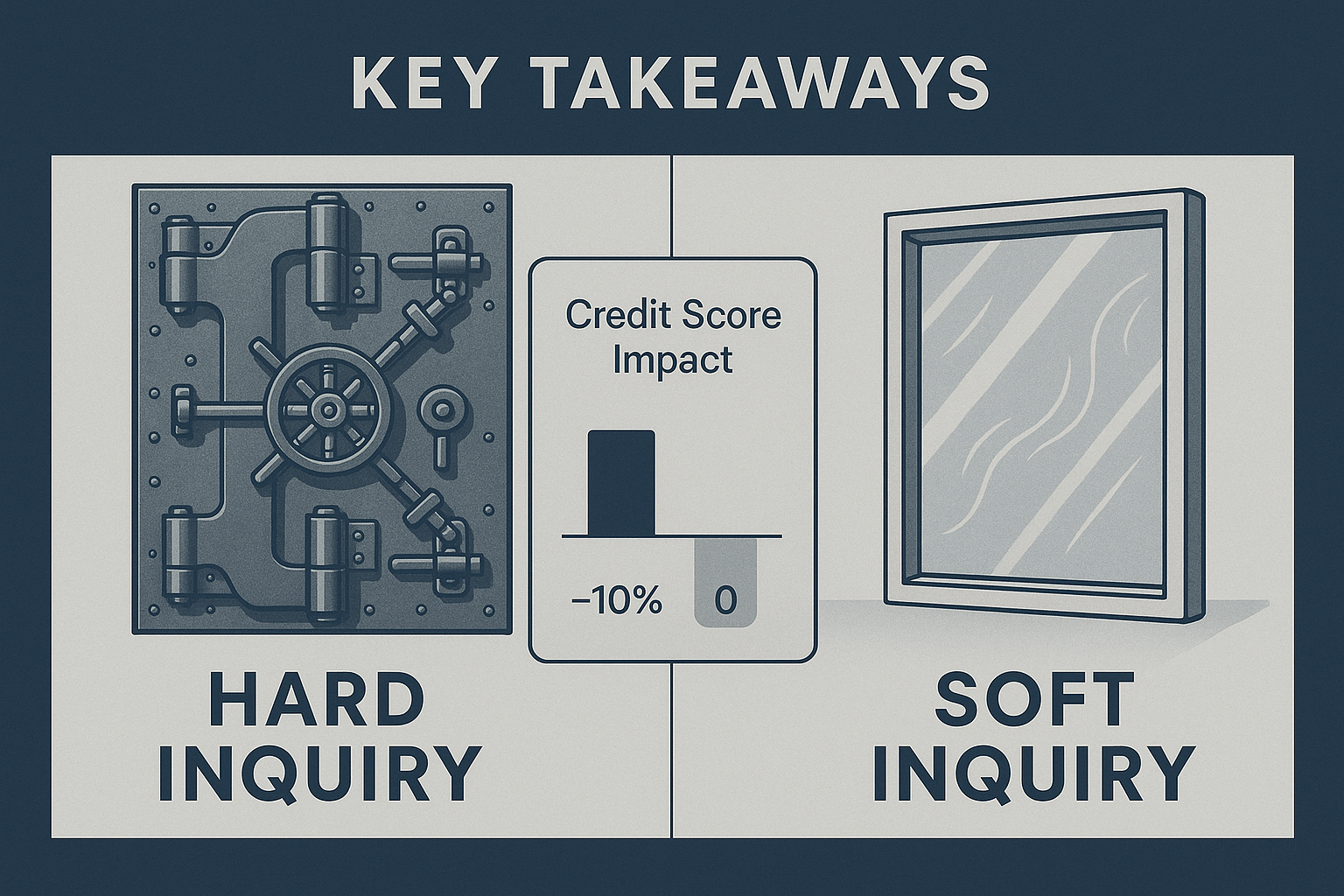 Conceptual infographic for 'Key Takeaways' section visualizing hard vs soft credit inquiries. Split-screen design with two contrasting visua