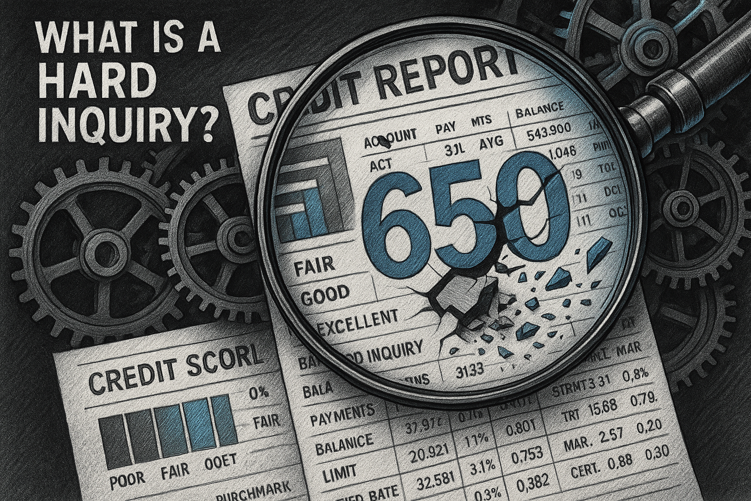 Detailed technical illustration for 'What Is a Hard Inquiry?' section depicting a magnifying glass examining a credit report, with intricate