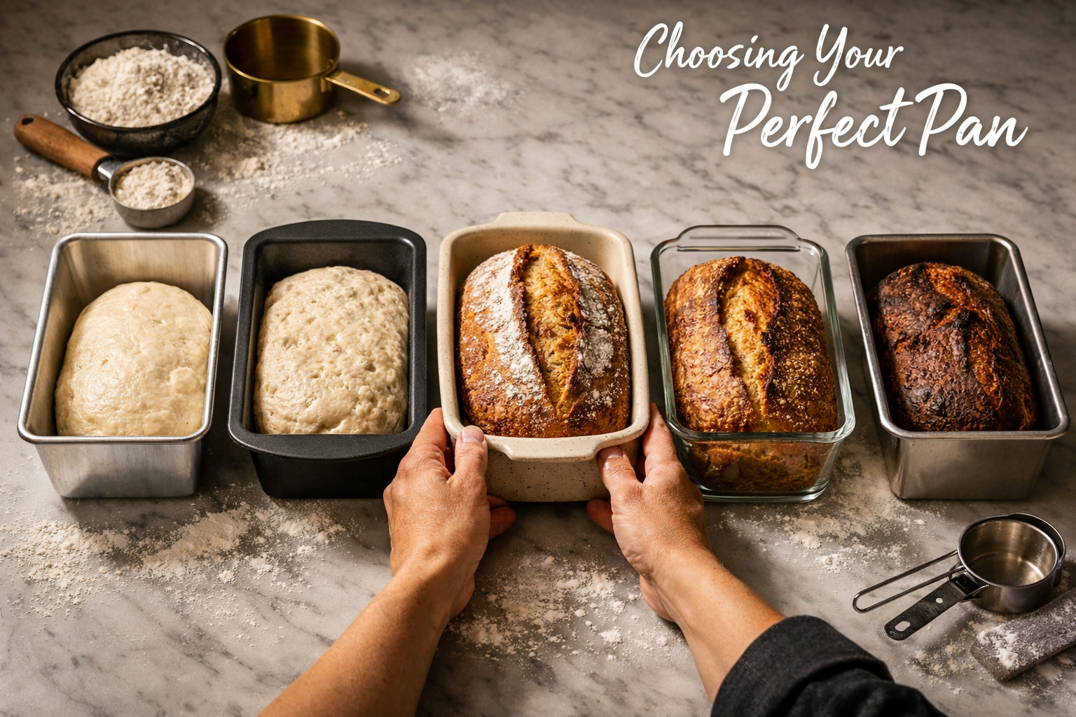 Detailed editorial photograph (1536x1024) showing various sourdough baking pan materials side-by-side on marble countertop: aluminum loaf pa