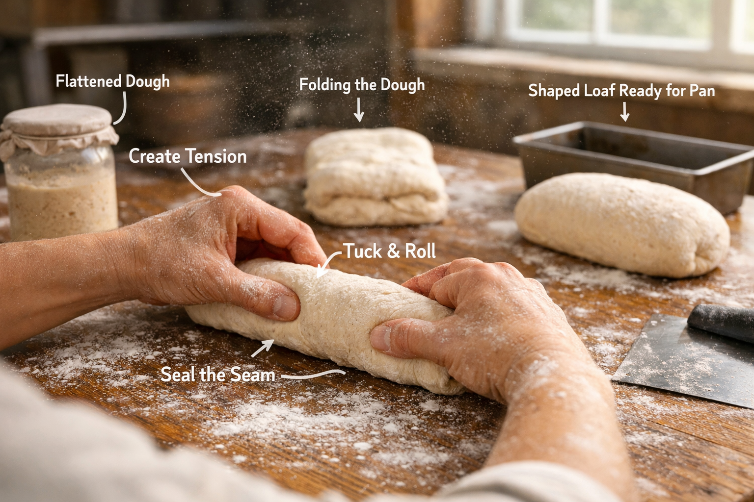Close-up detailed photograph (1536x1024) of hands shaping sourdough dough for loaf pan, showing proper technique with dough being rolled int