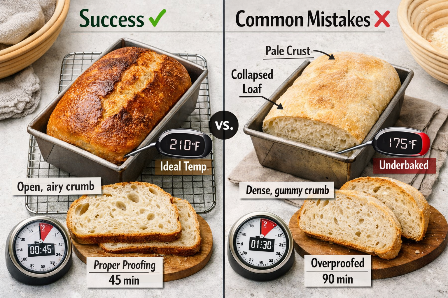 Split-screen editorial photograph (1536x1024) comparing sourdough bread results: left side shows perfectly risen golden loaf with beautiful 