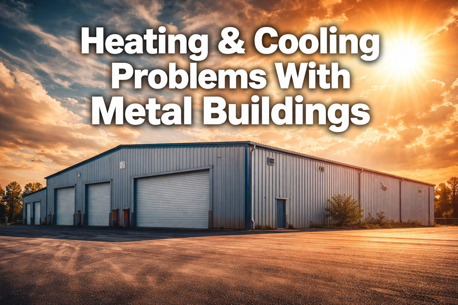 Professional () hero image with : 'Heating & Cooling Problems With Metal Buildings' in extra large white with dark drop ,