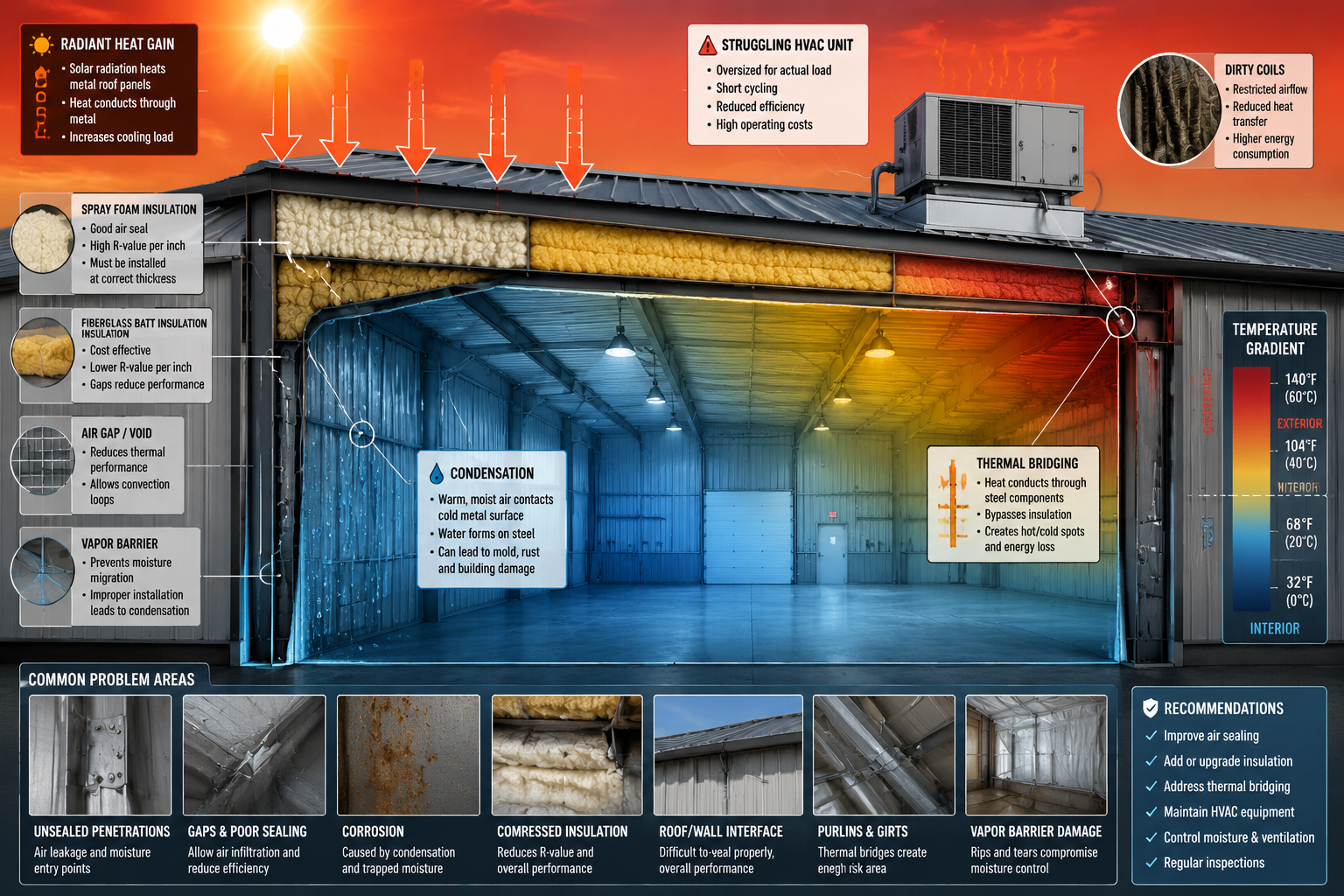 Detailed () technical infographic illustration showing a cross-section cutaway of a metal building interior revealing