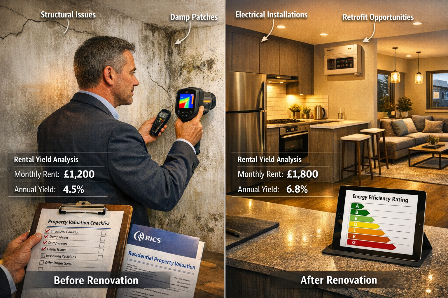 Detailed landscape format (1536x1024) image showing professional chartered surveyor conducting comprehensive property inspection inside mode