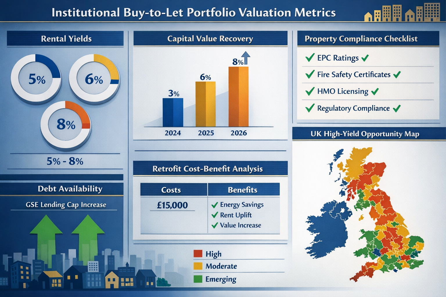 Comprehensive landscape format (1536x1024) infographic visualization displaying key valuation metrics for institutional buy-to-let portfolio