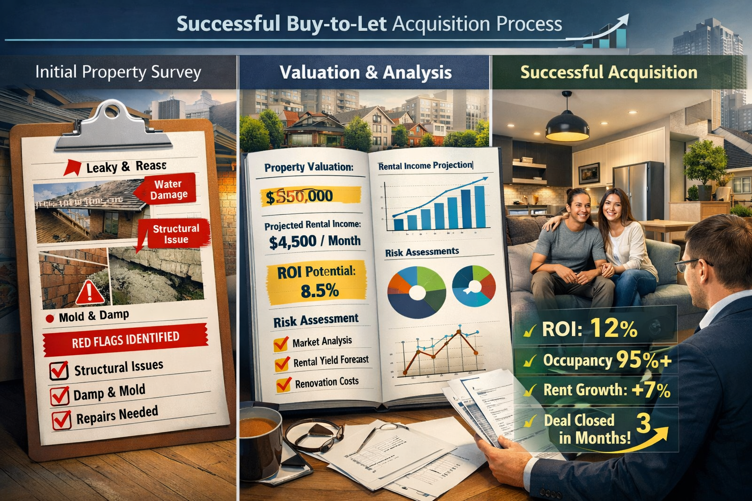 Detailed landscape format (1536x1024) case study visualization showing successful institutional buy-to-let acquisition process: three-panel