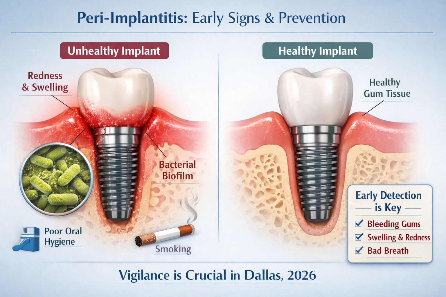 Landscape format (1536x1024) image illustrating the early signs of peri-implantitis (redness, swelling around an implant) contrasted with a