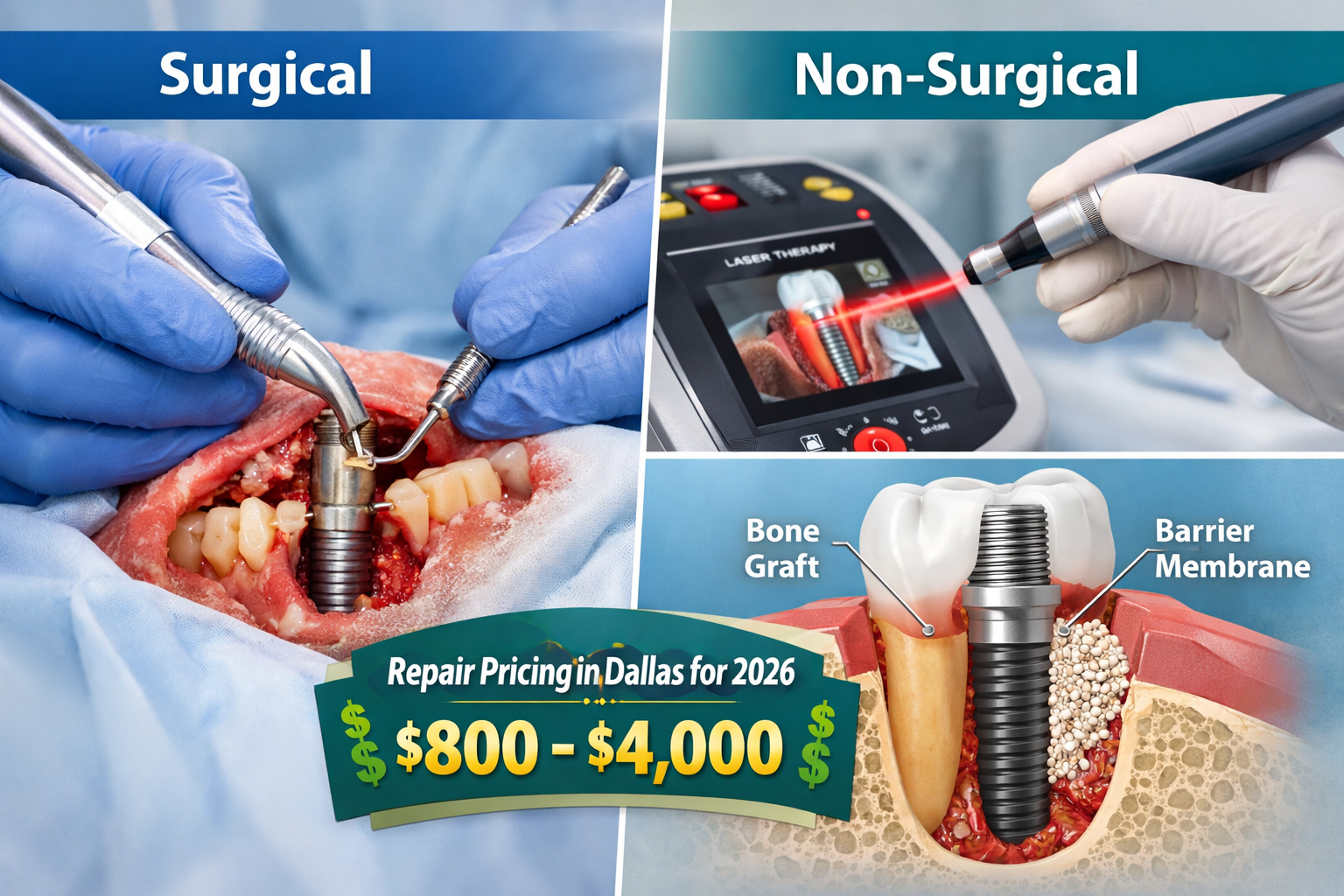 Landscape format (1536x1024) image showcasing various peri-implantitis treatment modalities, including a dental professional using specializ