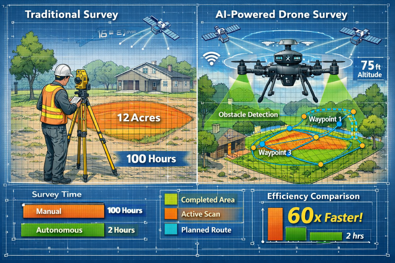 Landscape format (1536x1024) detailed technical illustration showing autonomous drone flight path planning interface with AI-powered route o