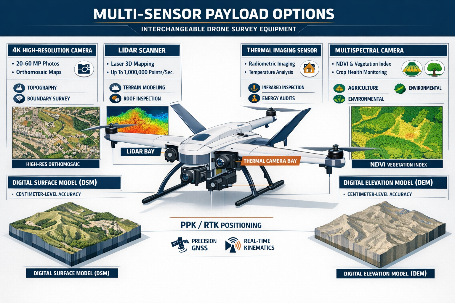 Landscape format (1536x1024) comprehensive multi-sensor payload comparison infographic showing interchangeable drone survey equipment mounte