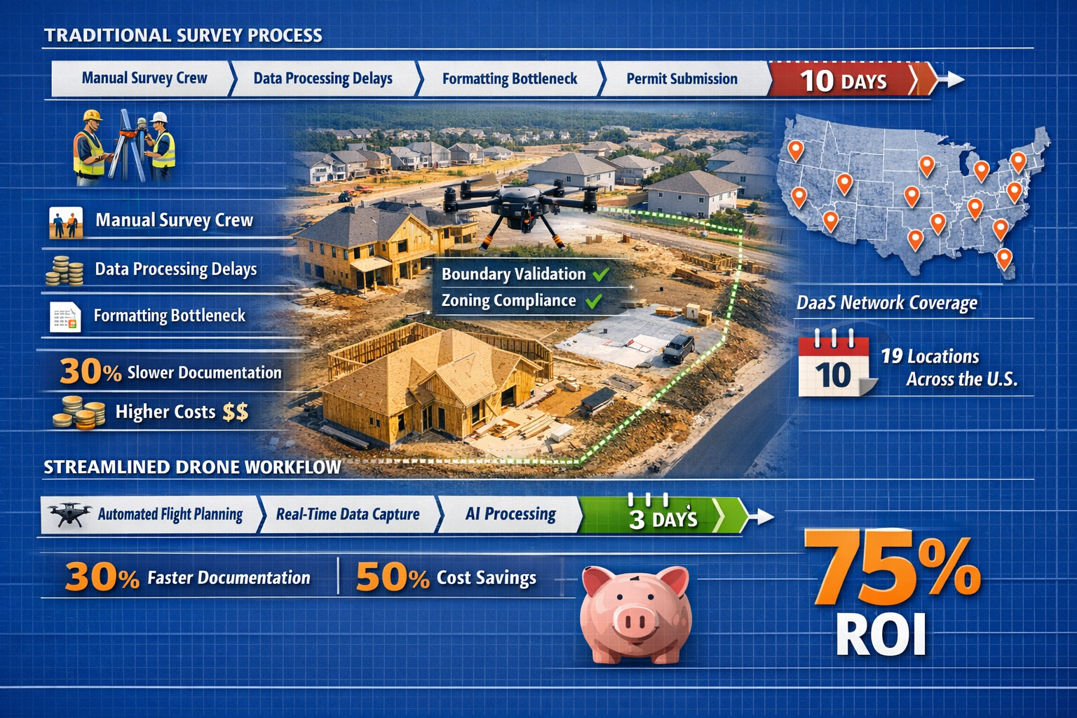 Landscape format (1536x1024) before-and-after workflow comparison showing permit turnaround acceleration for homebuilder surveying. Top time