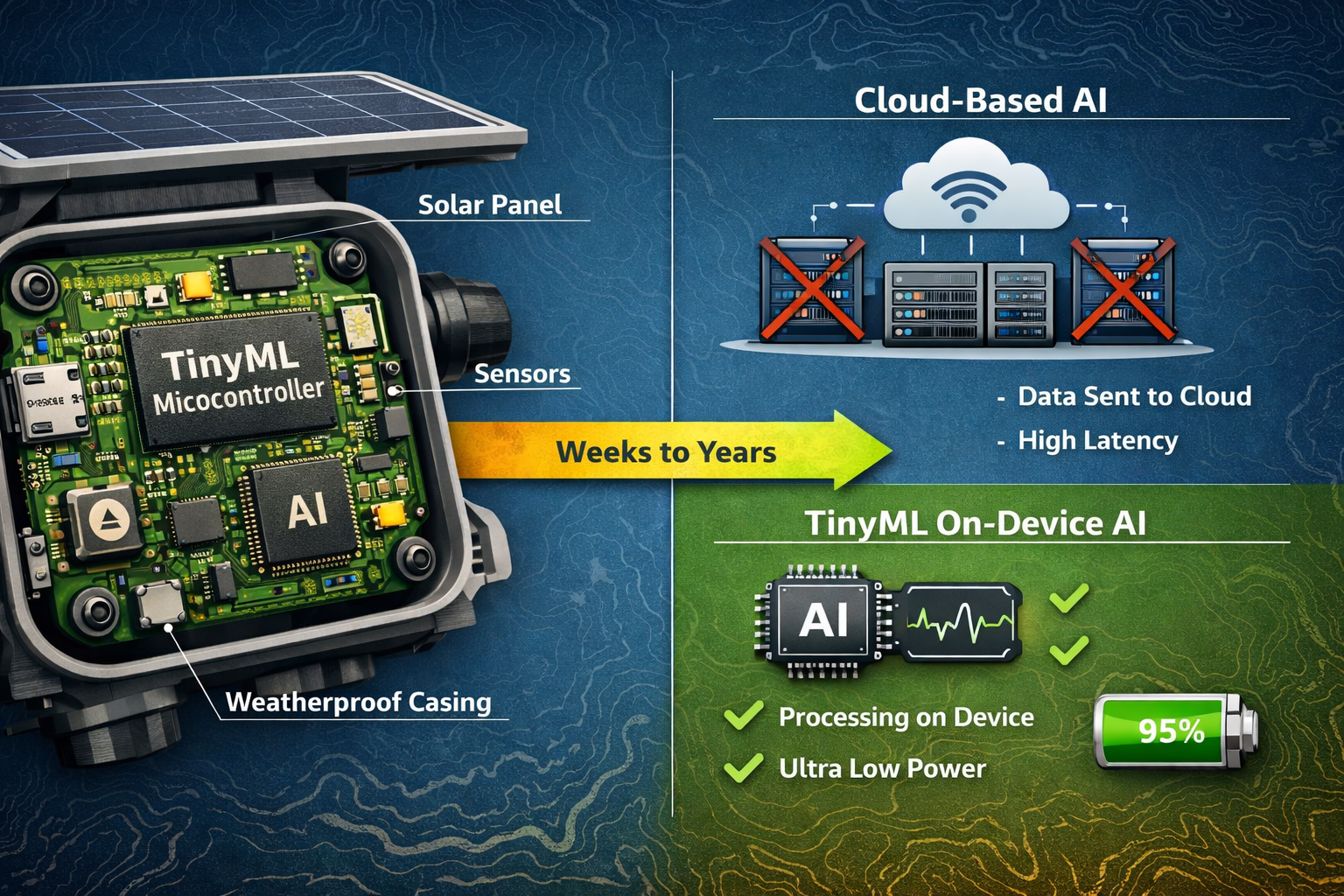 () detailed illustration showing a TinyML microcontroller device in extreme close-up on left side, with visible circuit
