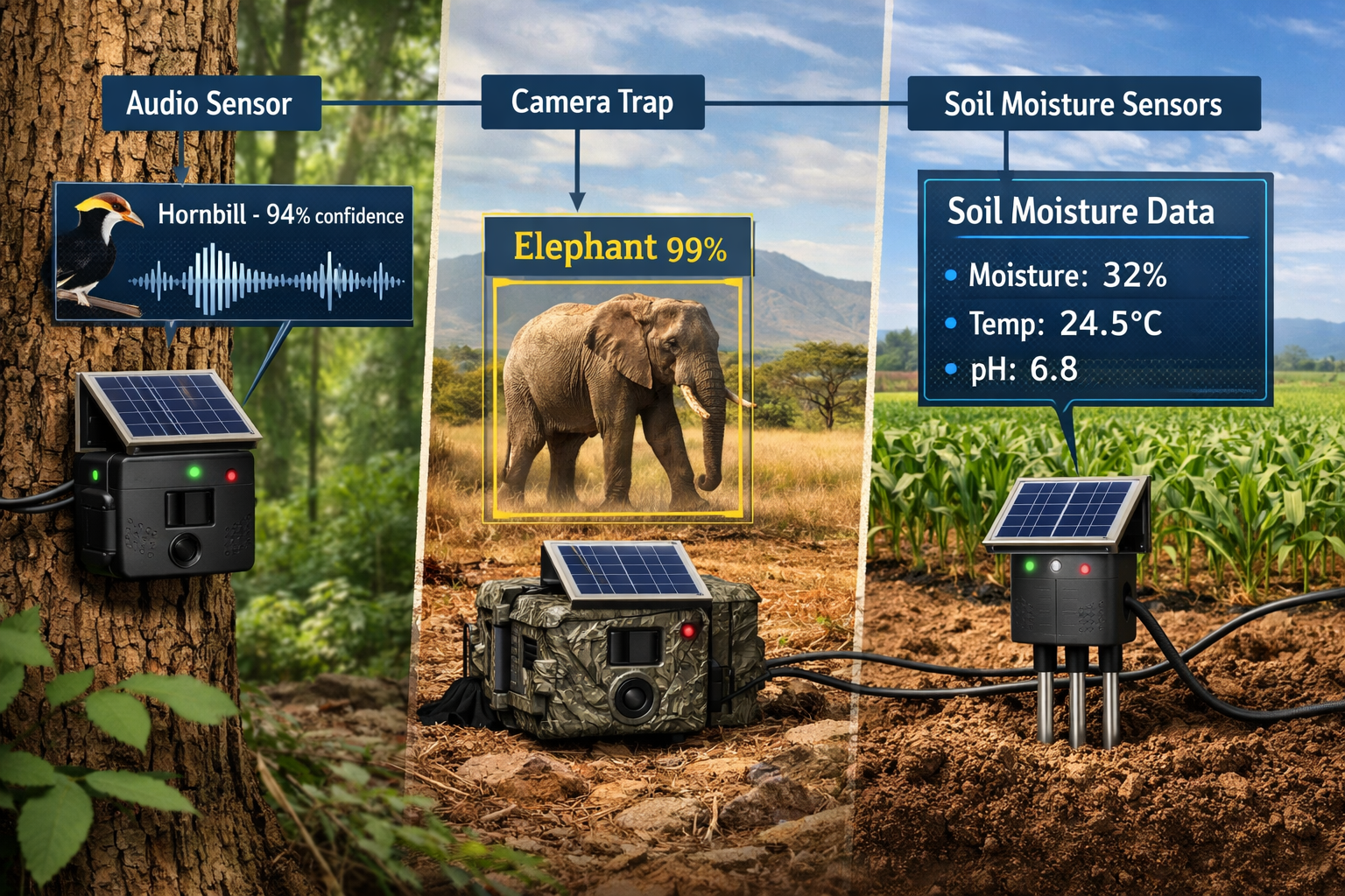 () scene showing diverse wildlife monitoring applications across a composite landscape. Left third: audio sensor mounted on