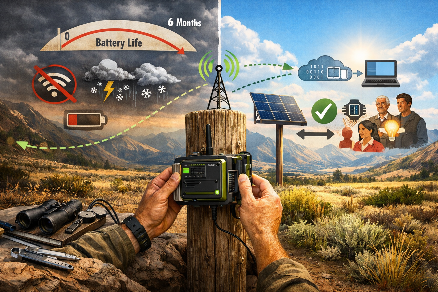 () conceptual illustration depicting deployment challenges and solutions in remote biodiversity surveying. Foreground: hands