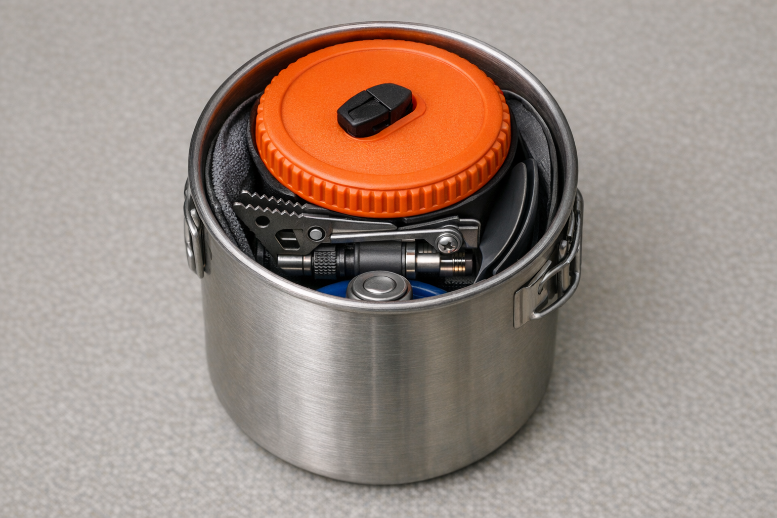 compact storage view showing all components nested inside the 1 liter cook pot