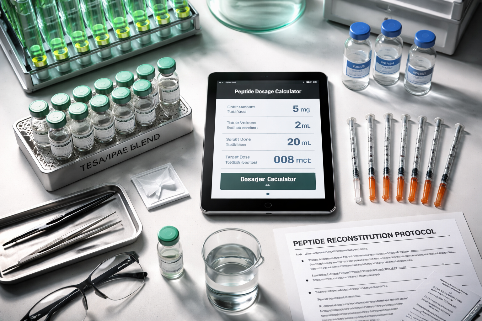 Detailed () flat-lay composition showing a research laboratory bench with peptide vials labeled TESA/IPA blend, a precise
