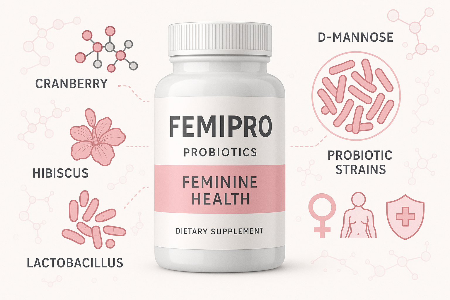Detailed infographic showing FemiPro supplement bottle with ingredient callouts, probiotic strains visualization, feminine health icons, cle