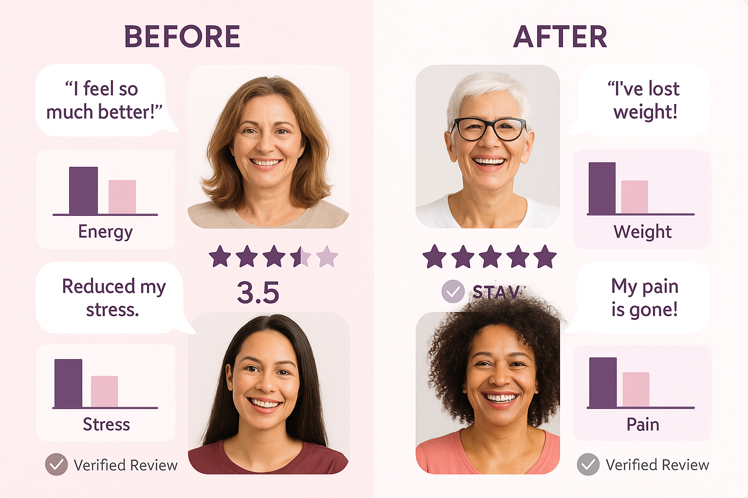 Split-screen comparison chart showing 'before and after' wellness indicators, customer testimonial quotes in speech bubbles, star ratings di