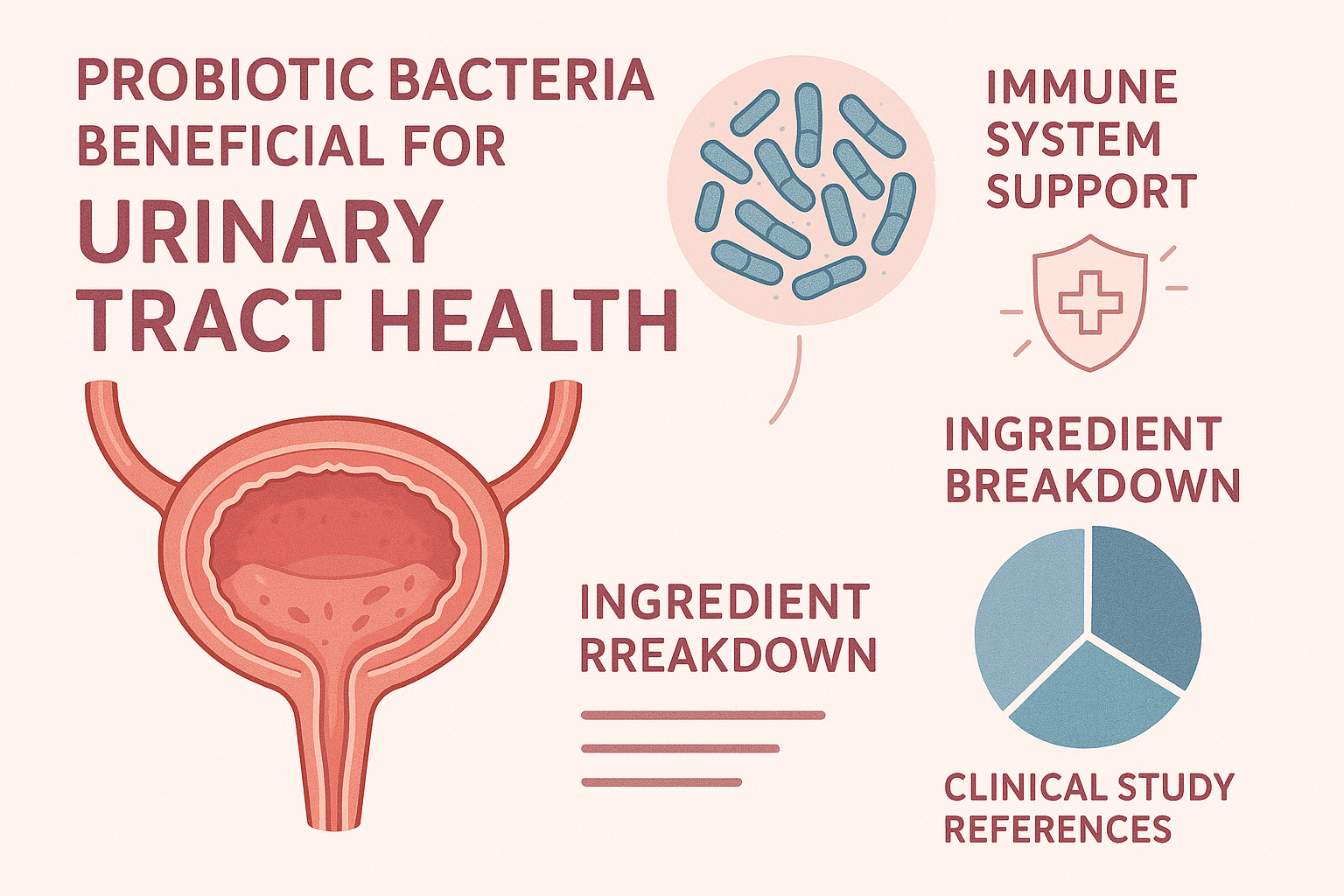 Scientific illustration showing probiotic bacteria beneficial for urinary tract health, bladder diagram, immune system support visualization