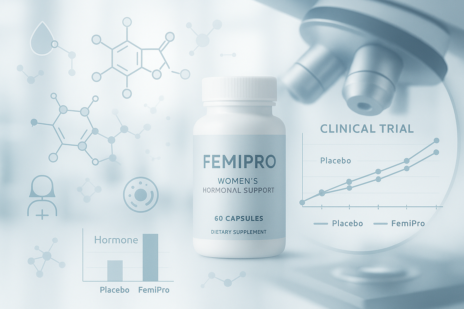 Scientific research visualization for FemiPro supplement effectiveness, featuring a clean medical laboratory background with translucent sci