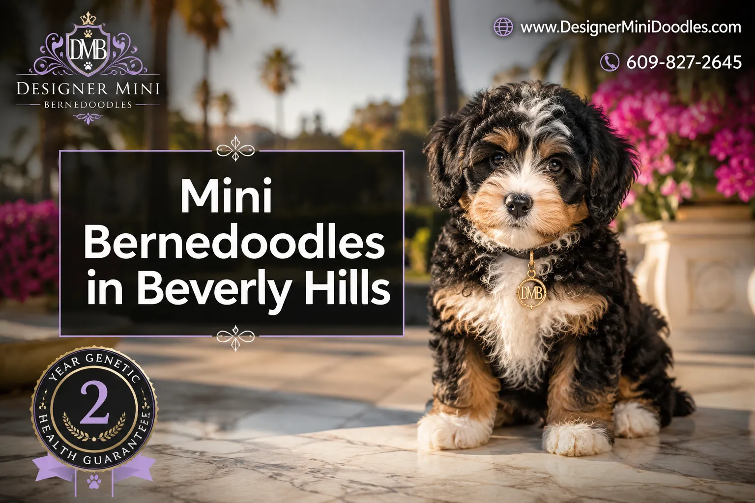 Professional () editorial hero image with 'Mini Bernedoodles in Beverly Hills' in crisp white on a semi-transparent charcoal