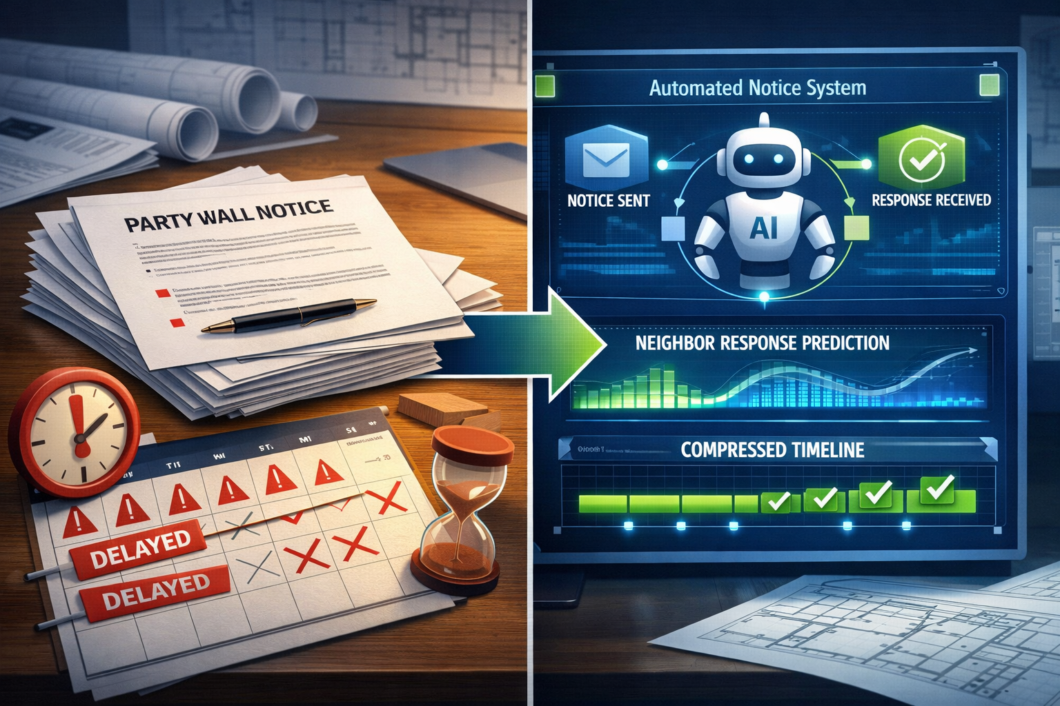 Detailed () image showing split-screen composition: left side displays traditional paper-based party wall notice documents