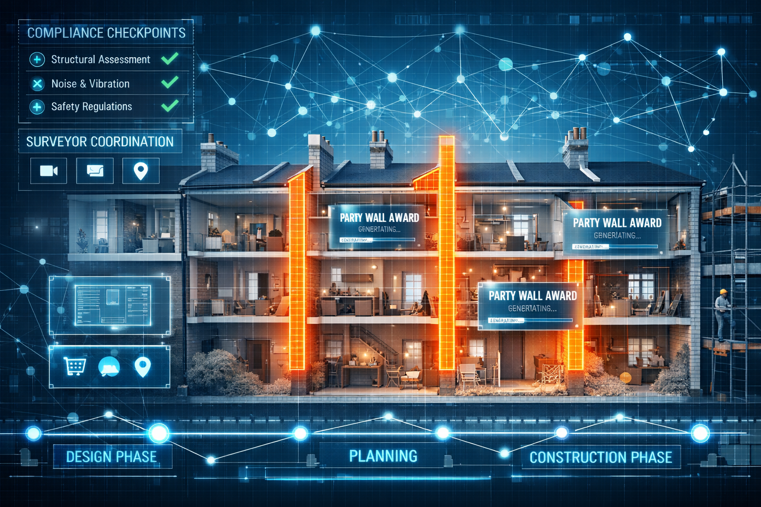 Wide () architectural visualization showing cross-section view of London terraced houses with shared party walls highlighted