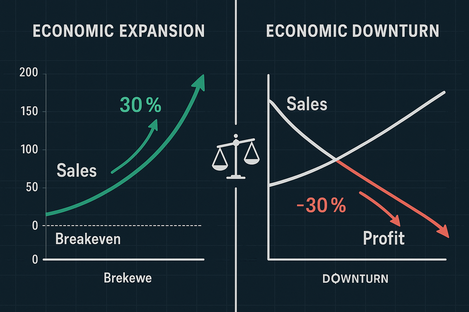 Split-screen financial analysis visualization (1536x1024) comparing operating leverage impact during economic expansion versus downturn. Lef
