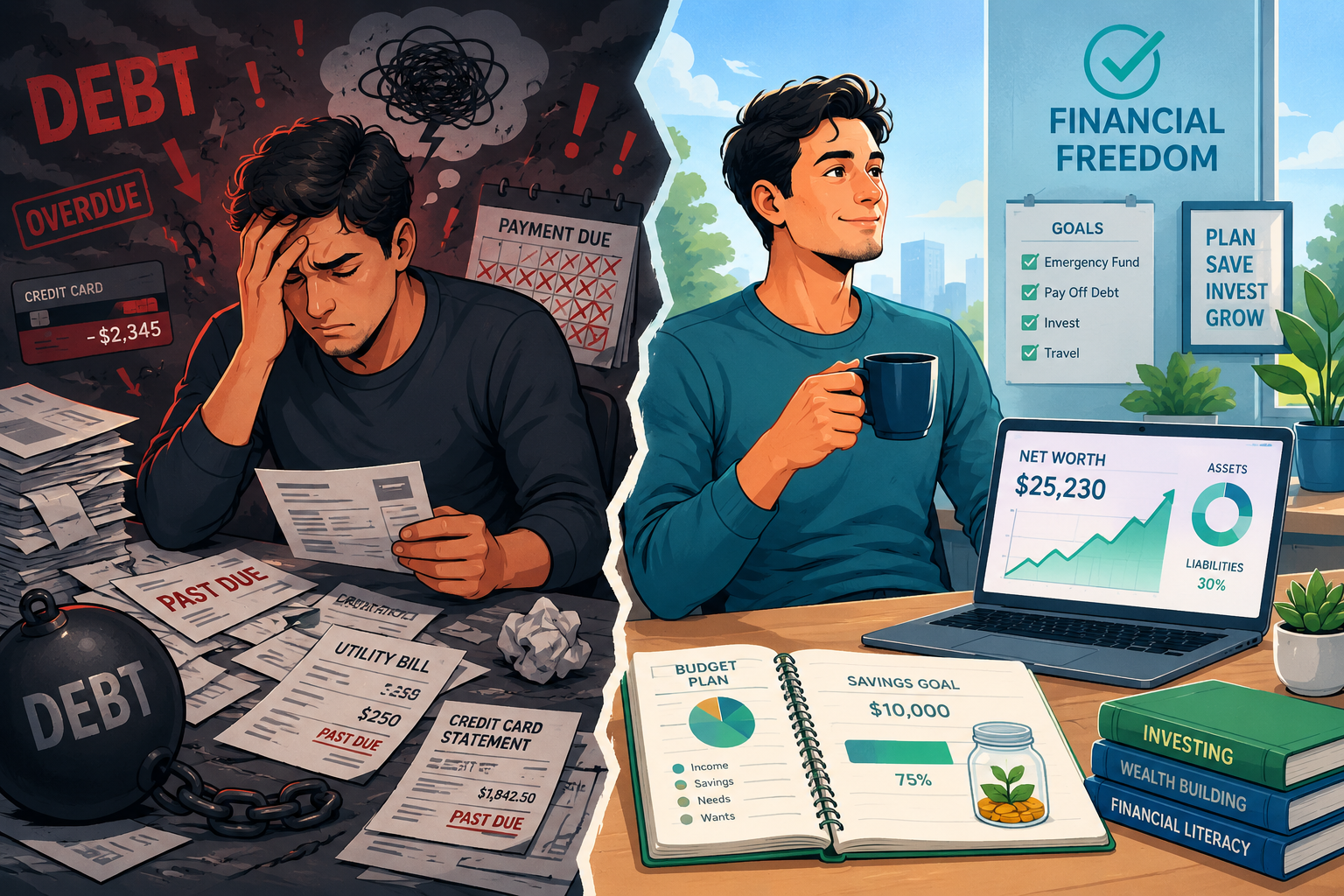 () conceptual illustration showing the psychological benefits of financial control through a split-screen composition. Left