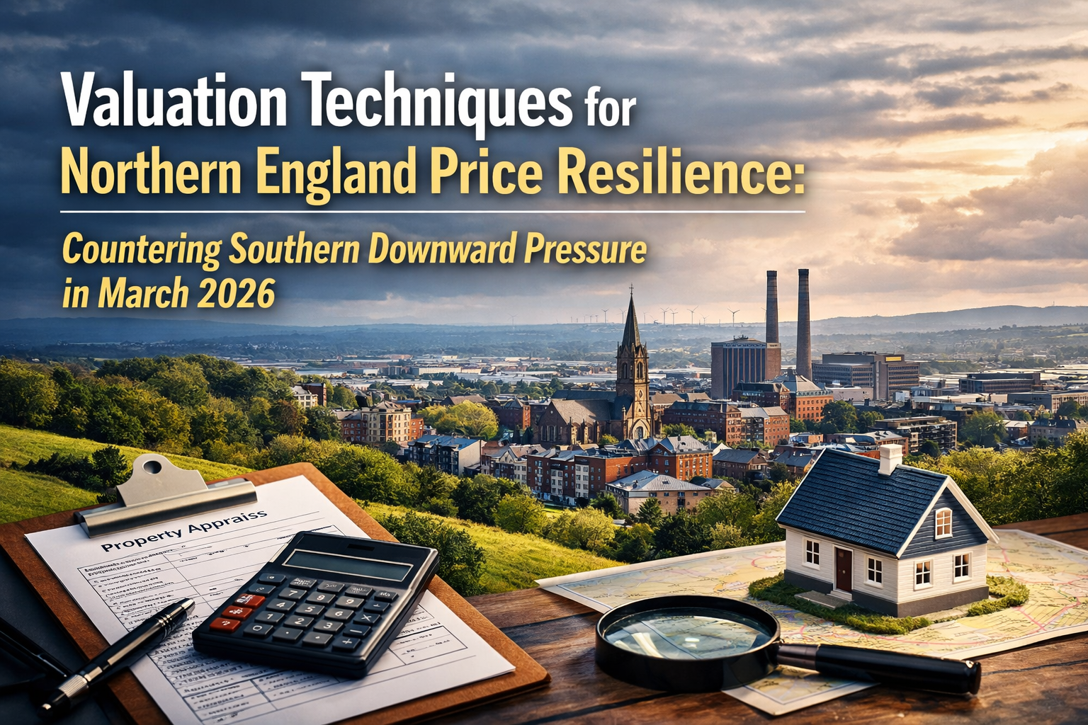 Professional landscape hero image () with : "Valuation Techniques for Northern England Price Resilience: Countering Southern