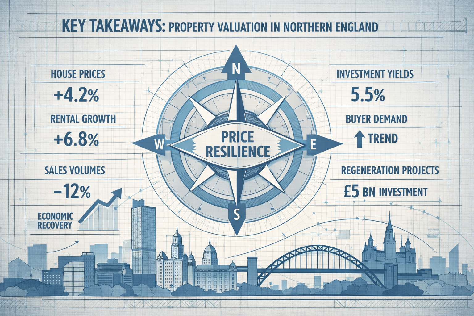 Key Takeaways infographic with architectural blueprint-style , showcasing property valuation metrics for Northern England.