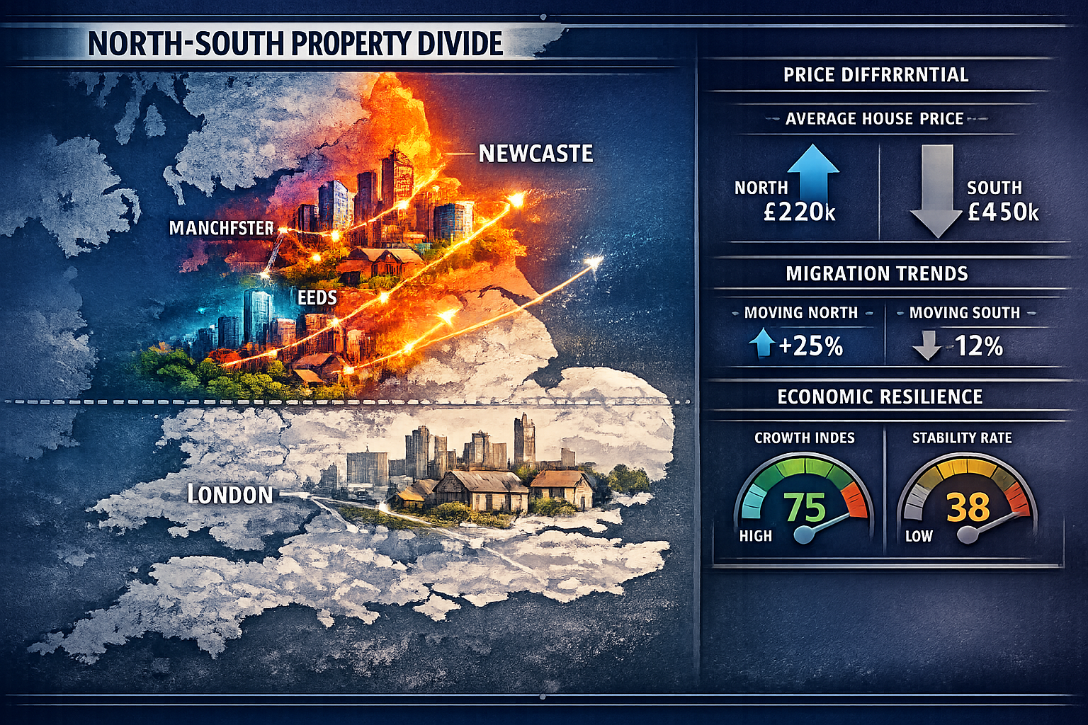 North-South property divide visualization depicting a stylized map of England, with Northern regions (Manchester, Leeds,