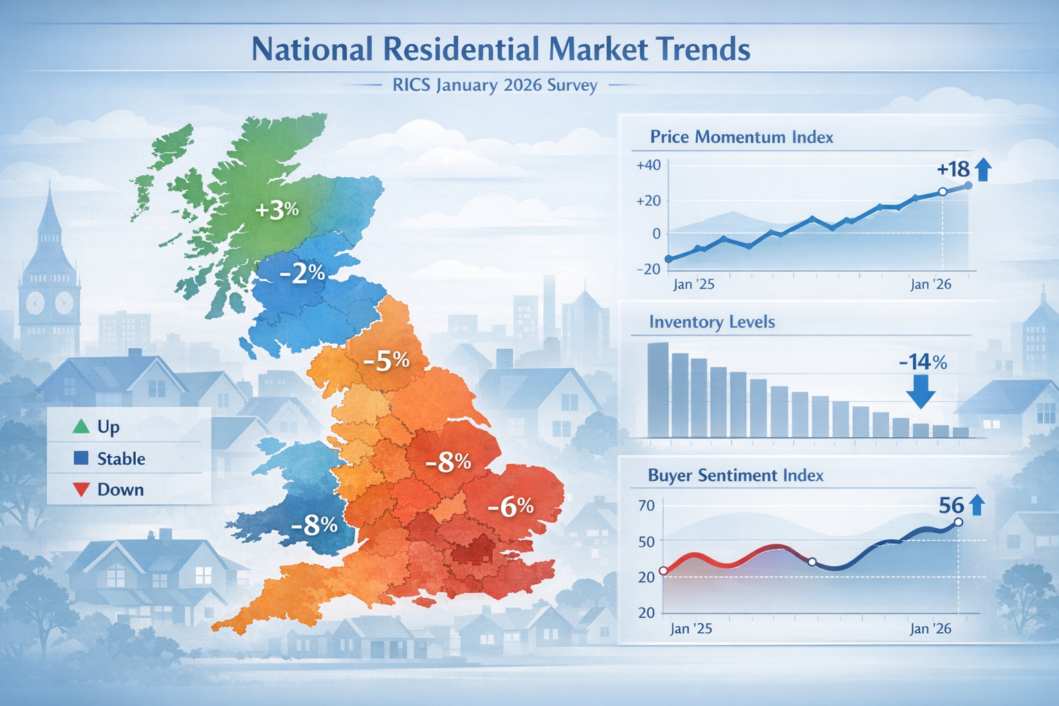 Dynamic data visualization representing 'National Residential Market Trends' from RICS January 2026 survey, featuring a