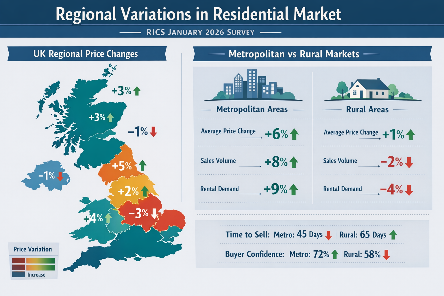Comparative regional analysis infographic displaying 'Regional Variations in Residential Market' from RICS January 2026