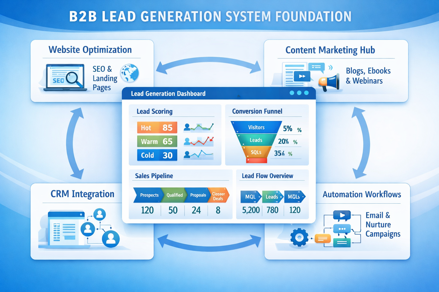 Detailed infographic showing B2B lead generation system foundation with interconnected components: website optimization, content marketing h