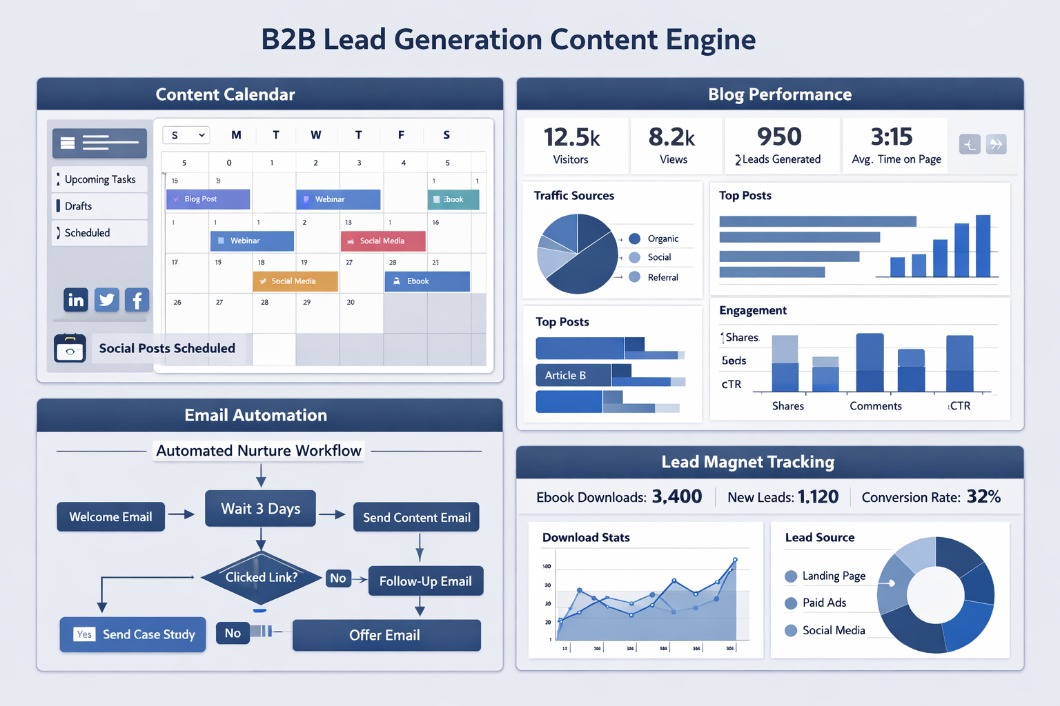 Comprehensive visual breakdown of content marketing engine components for B2B lead generation system. Shows content calendar dashboard, blog