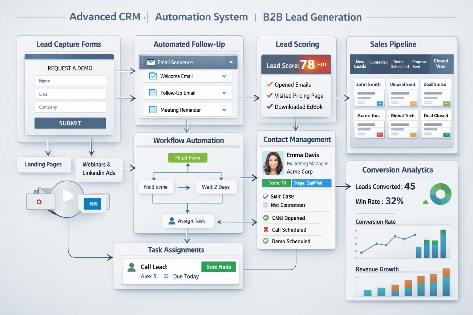 Advanced CRM and automation workflow diagram showing B2B lead generation system in action. Displays lead capture forms, automated follow-up 