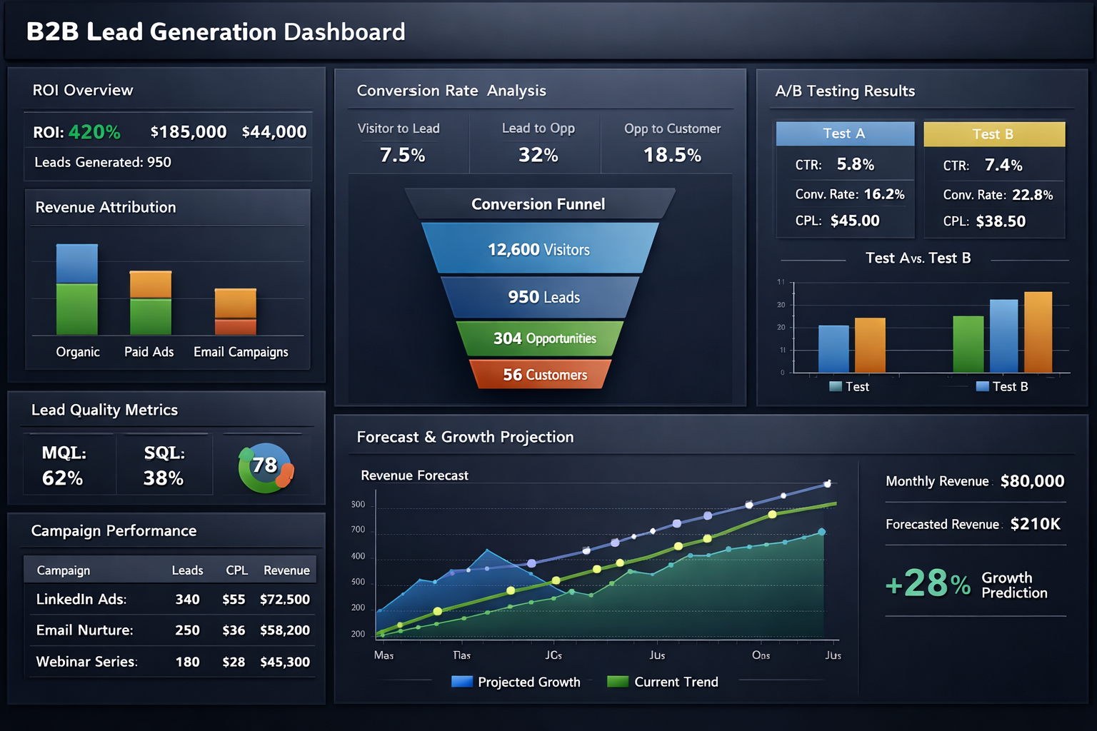 Strategic measurement and optimization dashboard for B2B lead generation system showing ROI calculations, conversion rate analytics, A/B tes