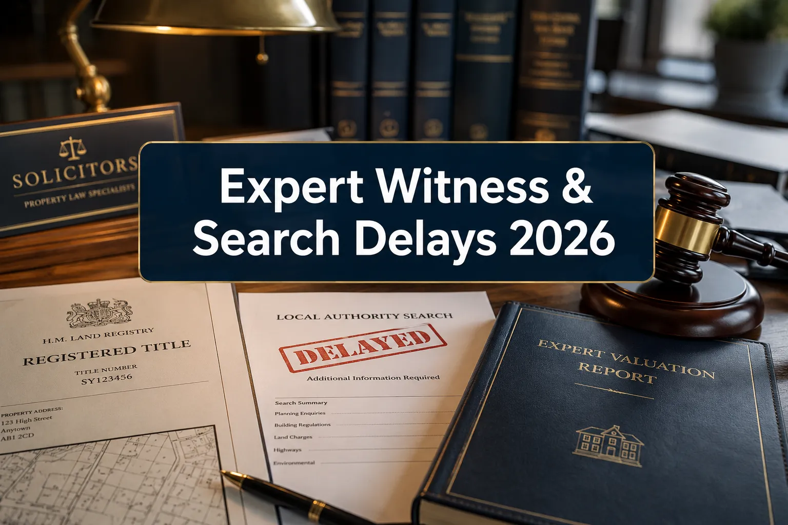 Professional () hero image with (≤42 chars): 'Expert Witness & Search Delays 2026', crisp white on a deep navy