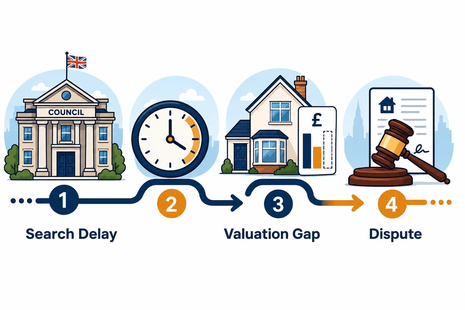 Flat-vector infographic illustration in bright daylight palette: a stylized timeline showing a UK property transaction