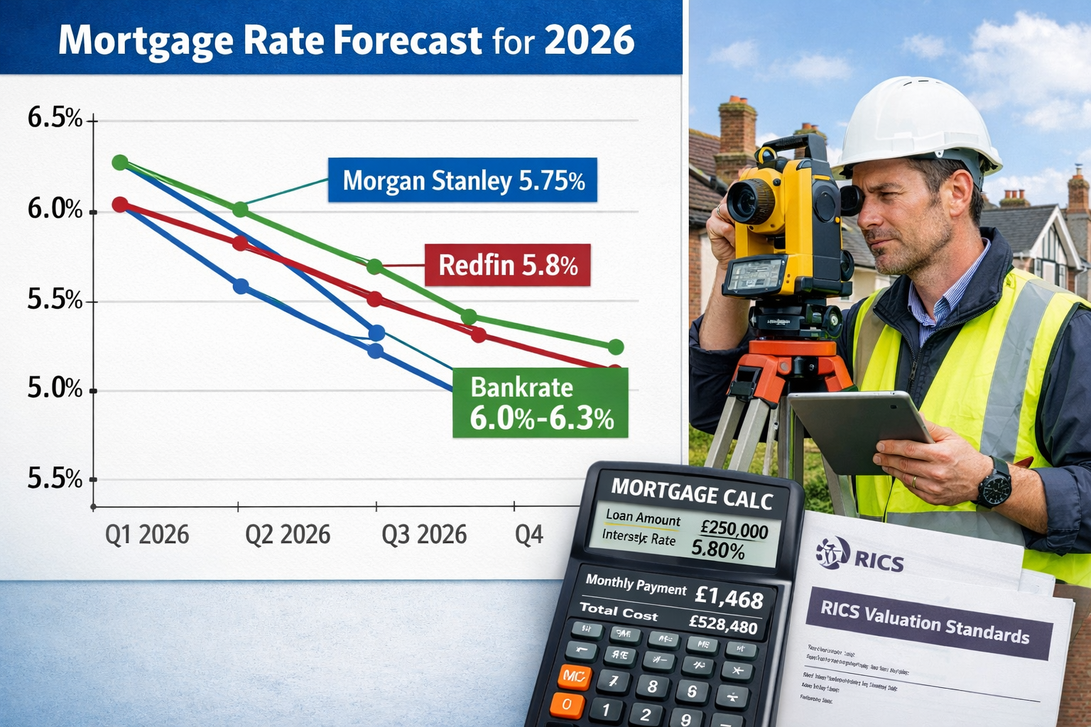 () editorial image showing detailed mortgage rate forecast chart for 2026 with multiple trend lines declining from 6.5% to
