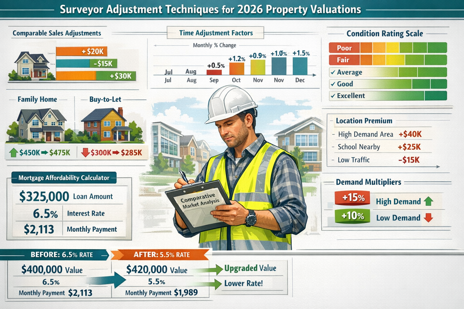 () detailed infographic showing surveyor adjustment techniques for 2026 property valuations. Central focus on professional