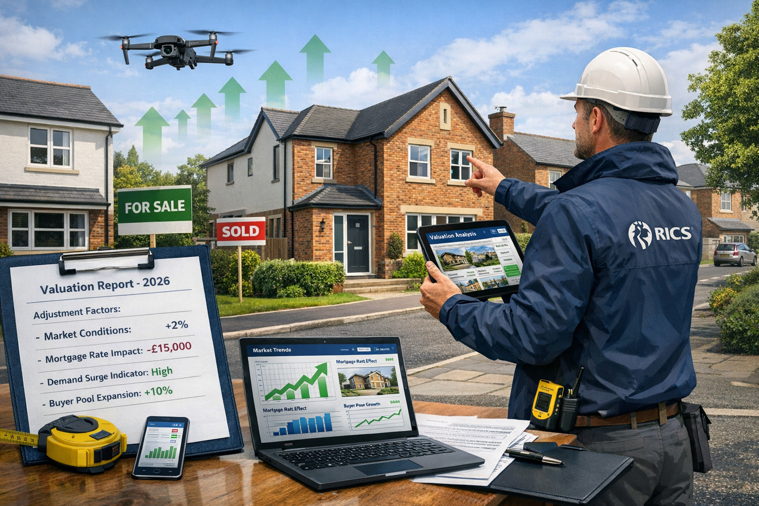 () comprehensive scene showing modern property valuation process in 2026 market conditions. Professional RICS surveyor