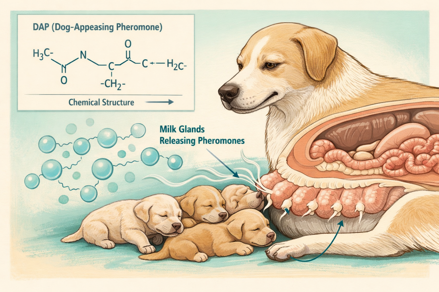 Detailed () editorial illustration showing a close-up scientific cross-section diagram of a nursing mother dog with