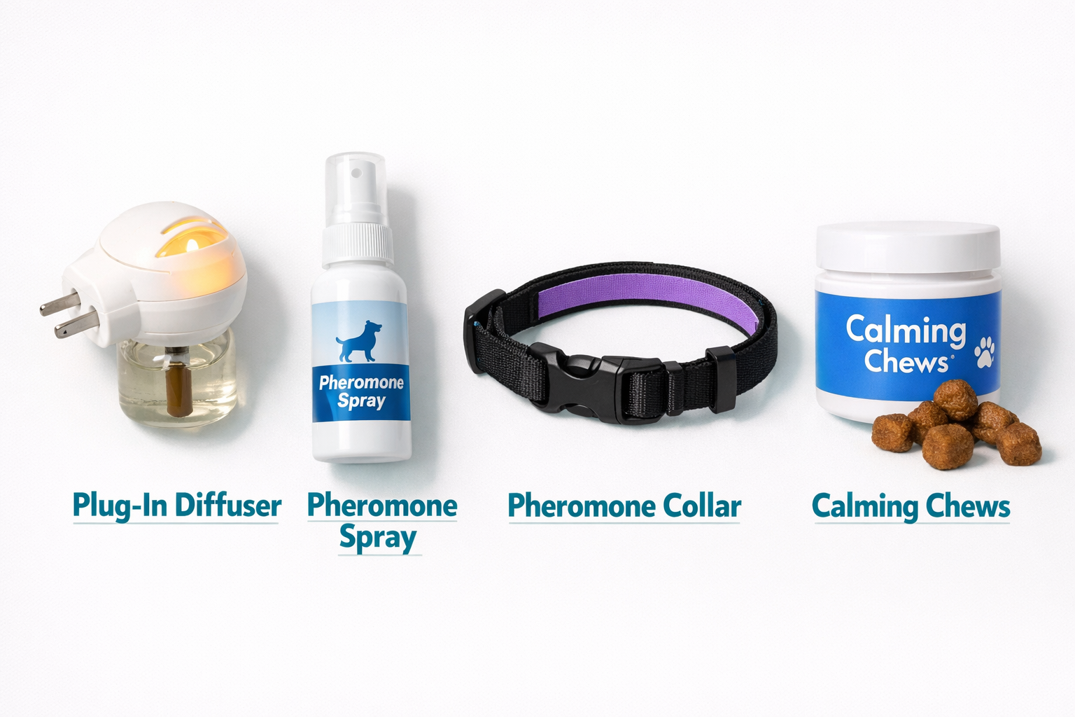 Detailed () flat-lay product comparison image showing four types of dog appeasing pheromone products arranged on a white
