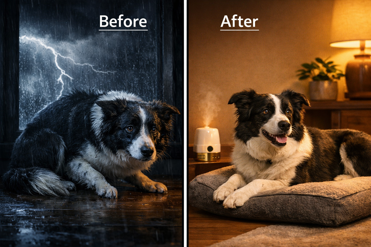Detailed () split-scene comparison image: left half shows an anxious trembling border collie during a thunderstorm with dark