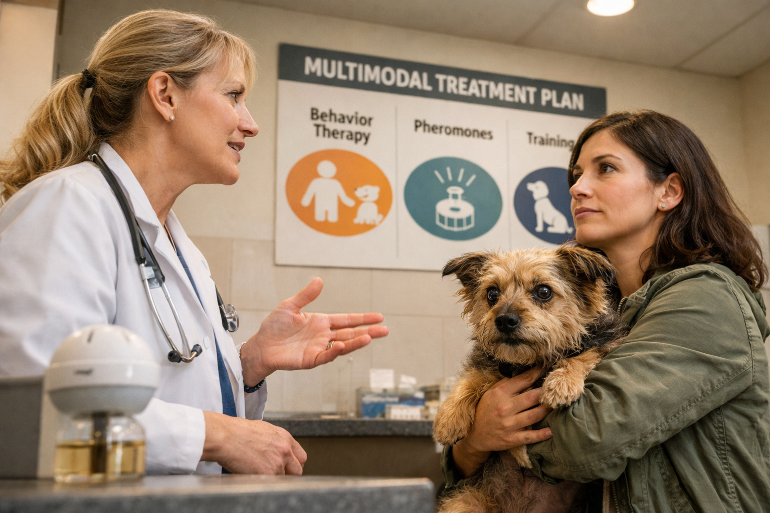 Detailed () upward-angle shot of a veterinarian in a white coat consulting with a pet owner holding a small anxious terrier