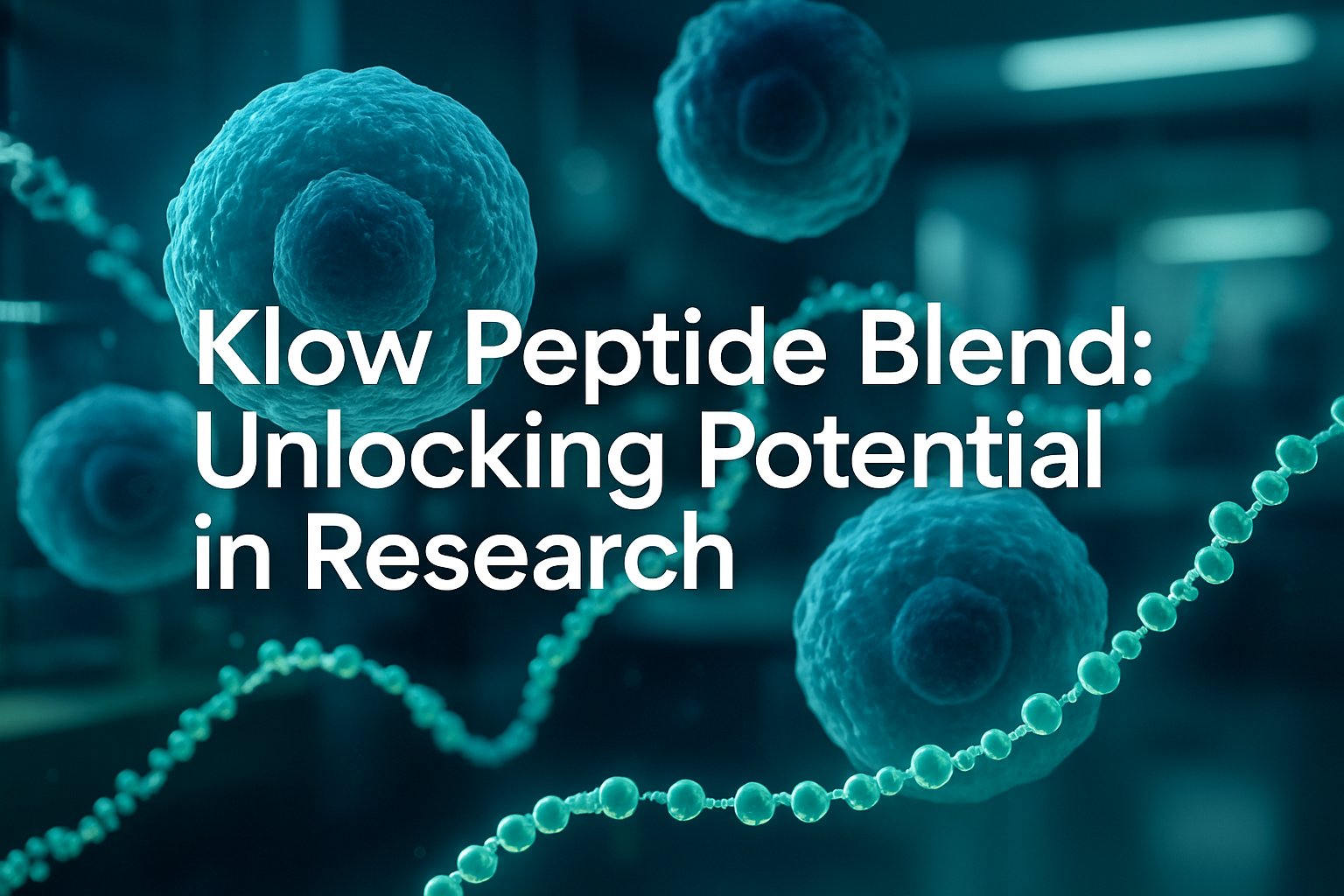 Professional landscape hero image (1536x1024) with bold text overlay: 'Klow Peptide Blend: Unlocking Potential in Research', modern sans-ser