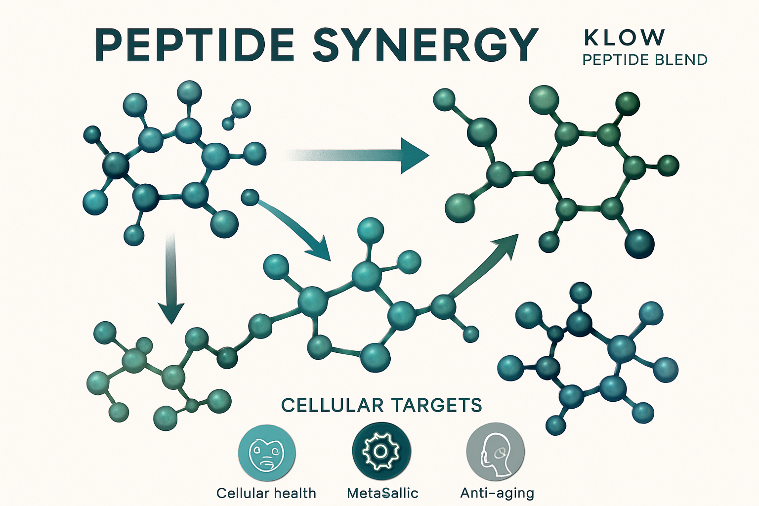 A stylized infographic representing the complex interaction of different peptides within the Klow Peptide blend, showing interconnected mole