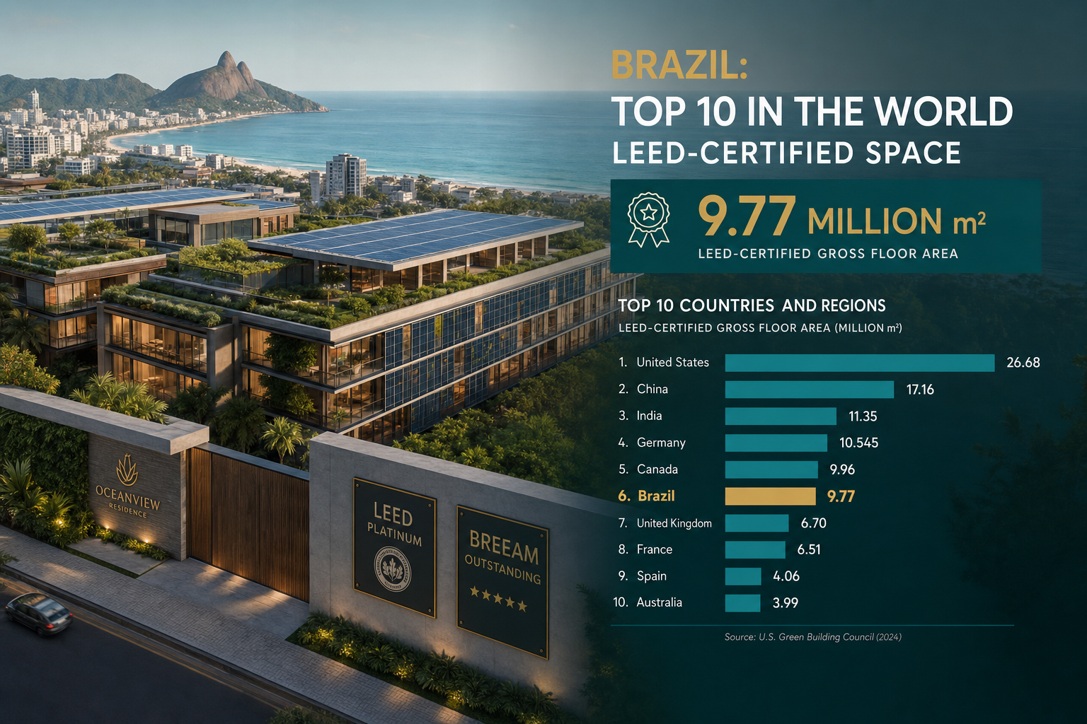 Wide aerial () showing a premium coastal Brazilian residential development with visible rooftop photovoltaic panels,